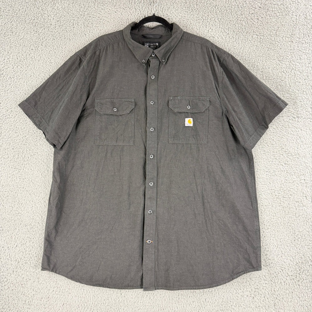 Carhartt Shirt Mens 2XL Tall Gray Loose Fit Short Sleeve Button Up Workwear 2XLT
